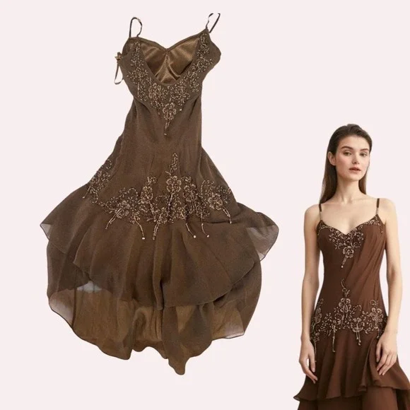 y2k vintage insane Sue Wong brown/olive mossy green brown beaded silk dress 2 - Picture 4 of 7